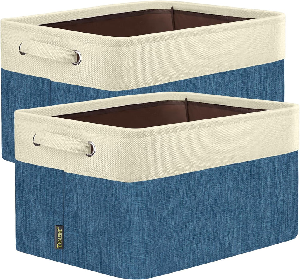 BALEINE 2 Pack Fabric Storage Bins for Shelves, Linen Storage Baskets for Organizing, Decorative Closet Bins for Clothes, Home (Navy Blue, 14''x10''x8.5'')