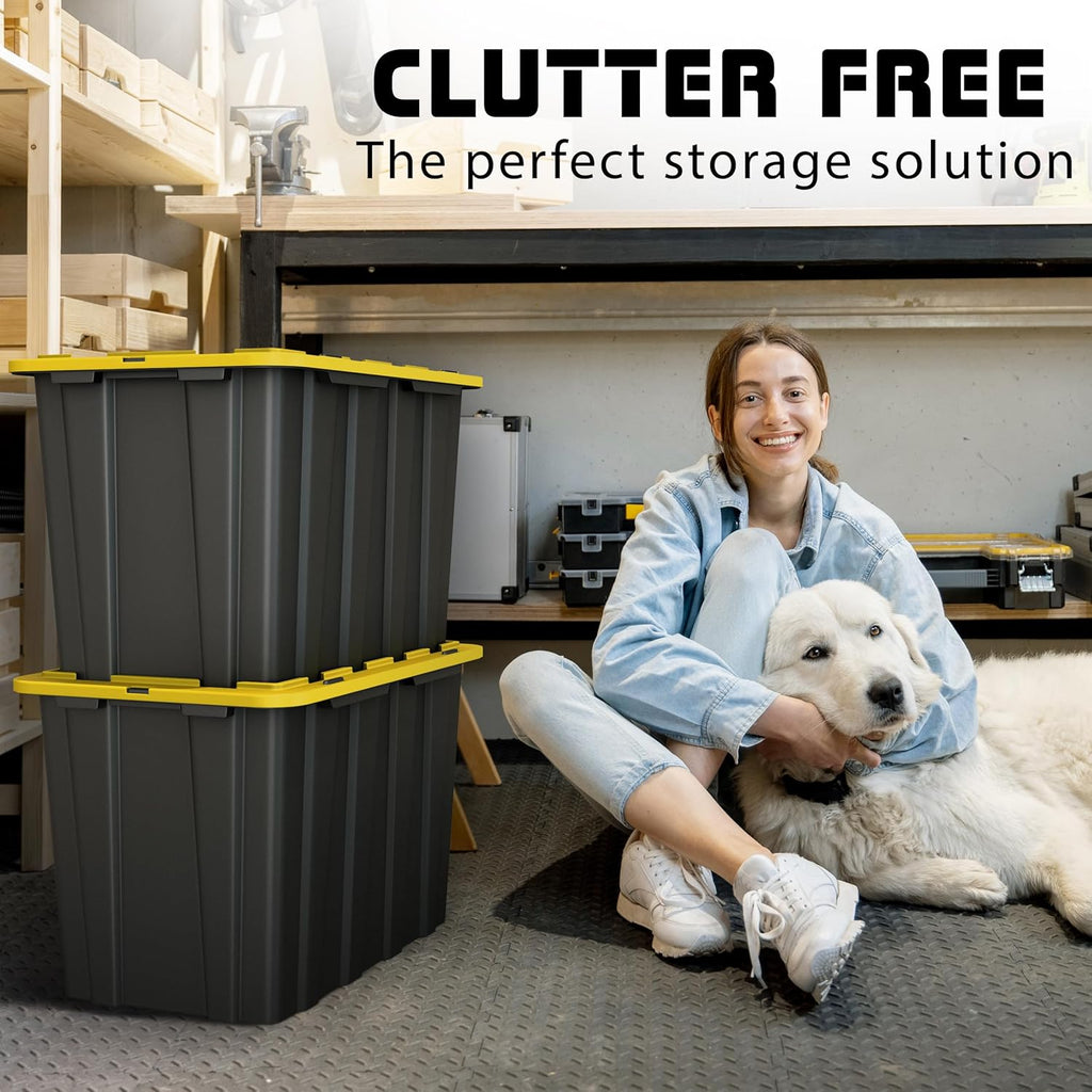 Lifetime Home 4 PACK of X-Large 23 Gallon Plastic Storage Bin Tote Organizing Container with Secure Latching Lids, Stackable, Extra Strength with Built in Handle - Black & Yellow