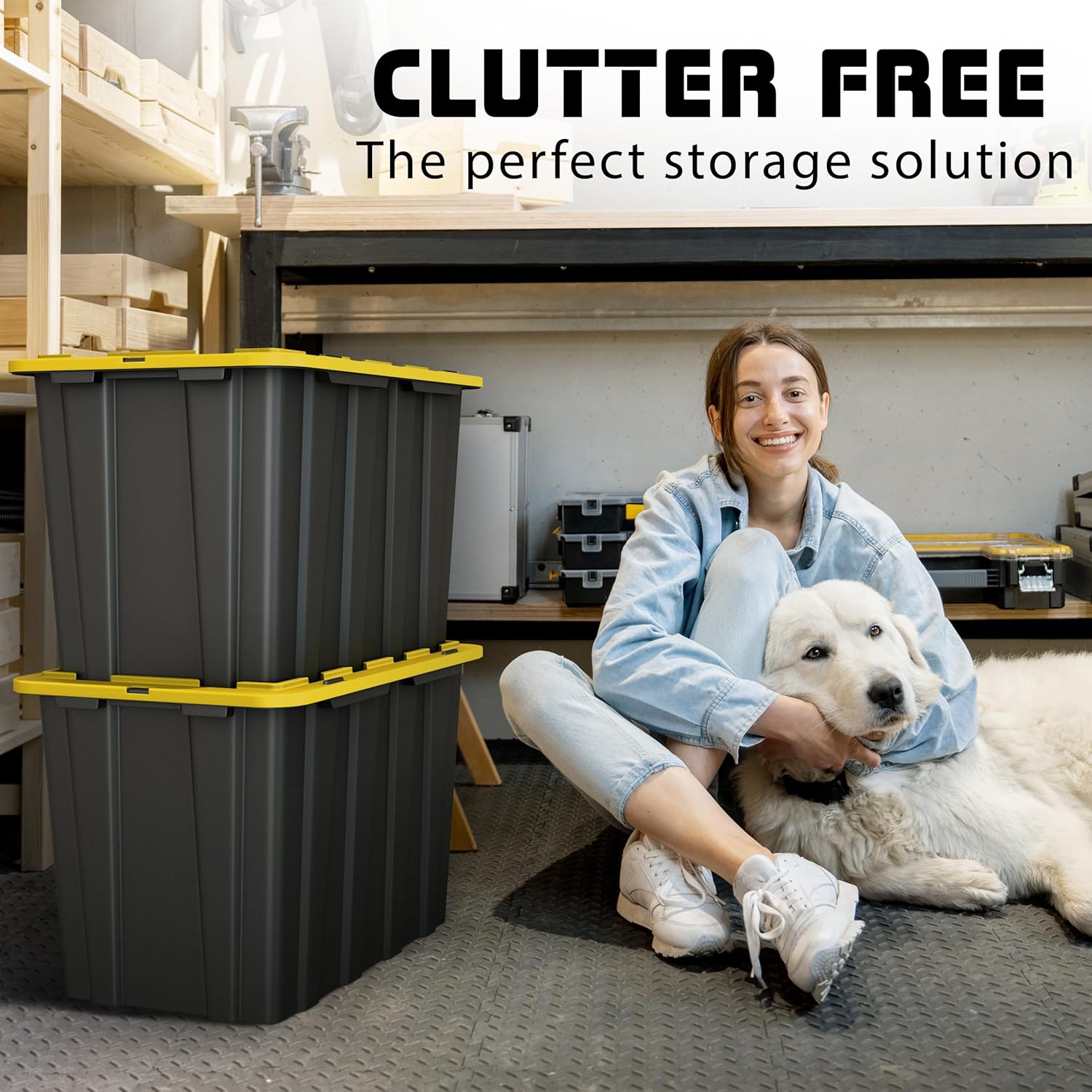 Lifetime Home 4 PACK of X-Large 23 Gallon Plastic Storage Bin Tote Organizing Container with Secure Latching Lids, Stackable, Extra Strength with Built in Handle - Black & Yellow