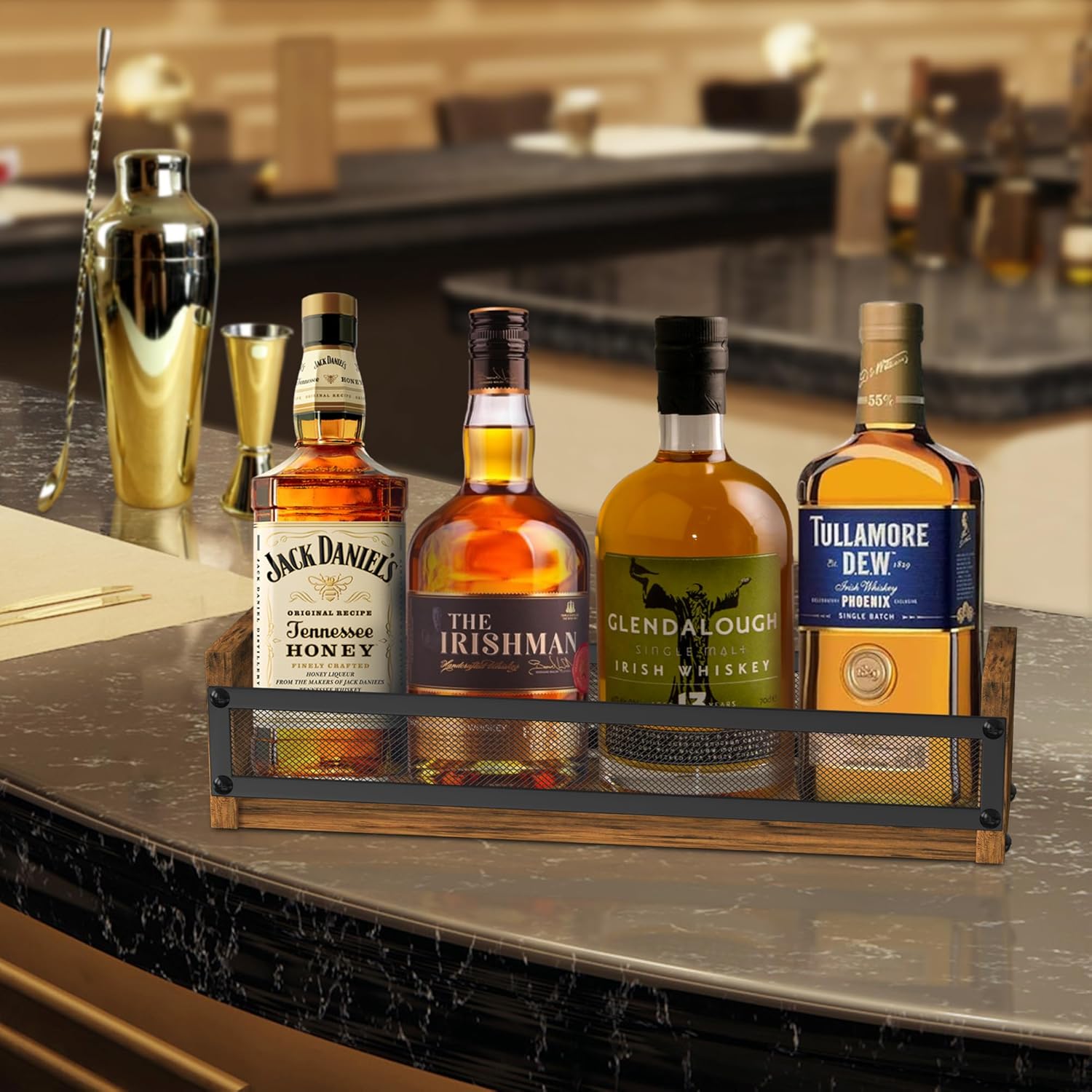 Alyoen Liquor Bottle Display Shelf, Coffee Syrup Rack Organizer, Countertop Liquor Wine Rack, 4 Bottles Coffee Station Organizer with Fences & Handles, Home Retro Bar Shelf Stand for Liquor Whiskey