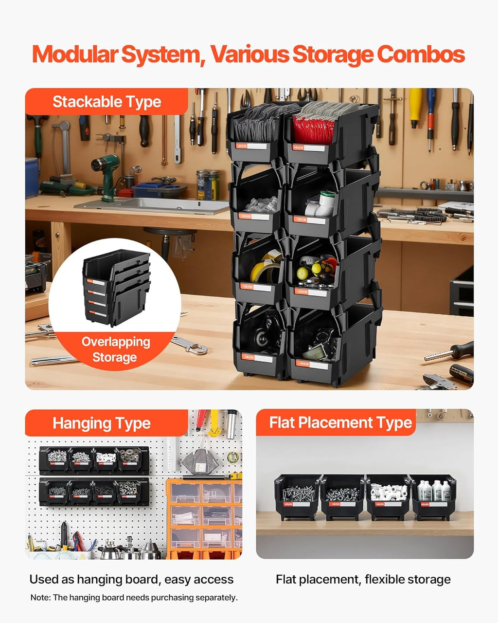 VEVOR Plastic Stackable Storage Bins, 10.9 x 5.5 x 5.1 inch (8 Pack), Plastic Containers for Organizing and Storage Bins for Closet, Garage, Small Parts, Office Supplies and Other Accessories, Black