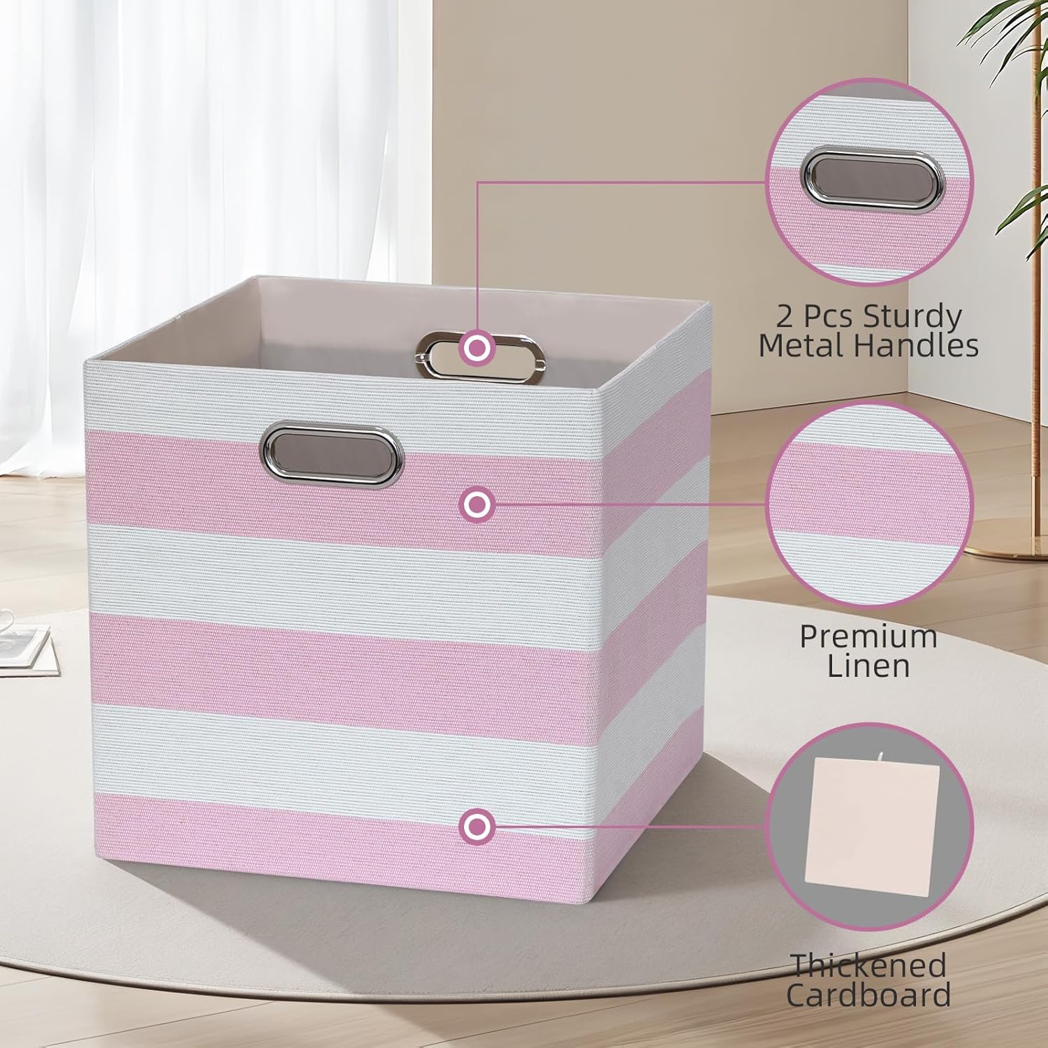 11x11 Cube Storage Bins, Collapsible Fabric Storage Cubes, Cubby Storage Organizer Bins Striped Container Baskets for Organizing Home Office Wardrobe Closet Shelf, Pack of 4, Pink/White