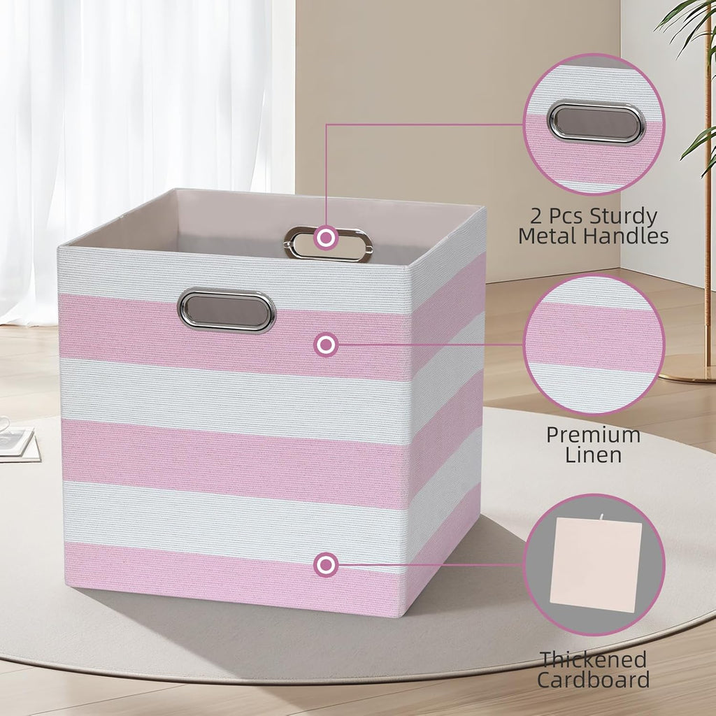 13x13x13 Storage Cube Bins, Foldable Storage Cubes Cubby Baskets Organizer Cloth Bins for Cube Storage Organizing Shelf Closet, Pack of 4, Pink/White Stripe