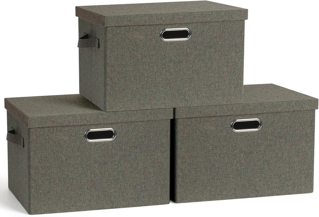 Large 17" 36 Quart Collapsible Stackable Storage Bins with Lids, 3 Packs Dark green Foldable Fabric Closet Storage Boxes with Lids, Heavy-duty Linen Cube Baskets(17x12x11)