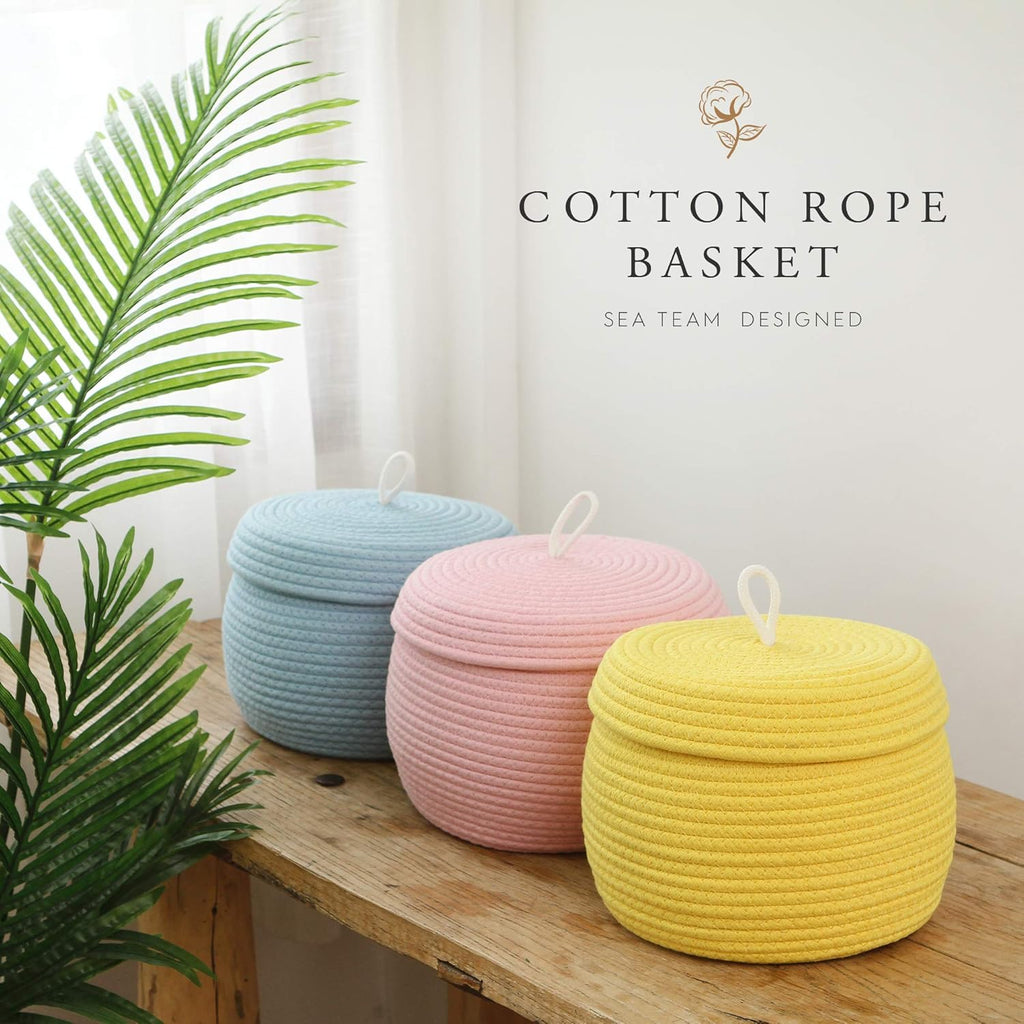 Sea Team Round Cotton Rope Storage Basket with Lid, Decorative Woven Storage Bin, Pot, Caddy, Organizer, Container for Snacks, Towels, Plants, 10 x 7.5 Inches (Small, Blue)