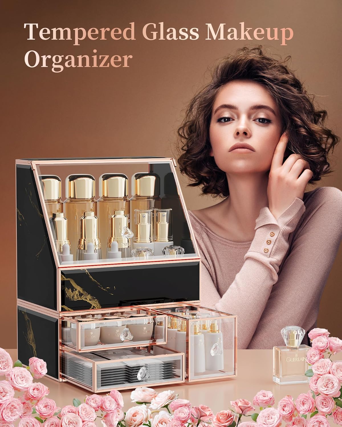 Makeup Organizer for Vanity, Black Makeup Organizer with Drawer, Skincare Holder for Bathroom Countertop,Cosmetic Display Case for Dresser