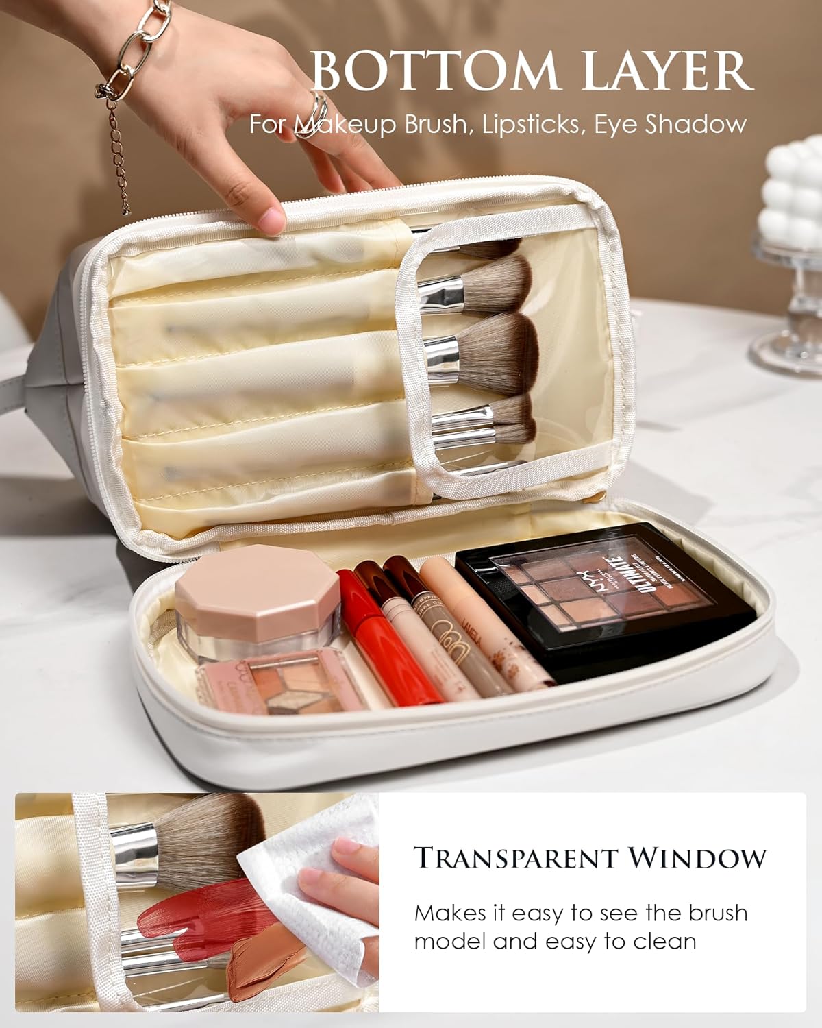 Initial Large Makeup Bag, Gift for Women Personalized Double Layer Cosmetic Bag with Makeup Brush Organizer, Teacher Gift, Large Capacity PU Leather Travel Toiletry Bag Graduation Gift