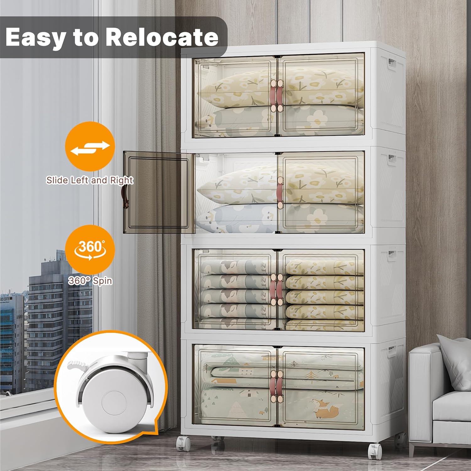 Extra Large Stackable Storage Bins with Lids & Wheels & Door, 640QT-160QT/40GAL*4Pack Foldable Collapsible Closet Organizers, Plastic Containers Drawers for Bedroom Dorm Garage Sturdy MAX