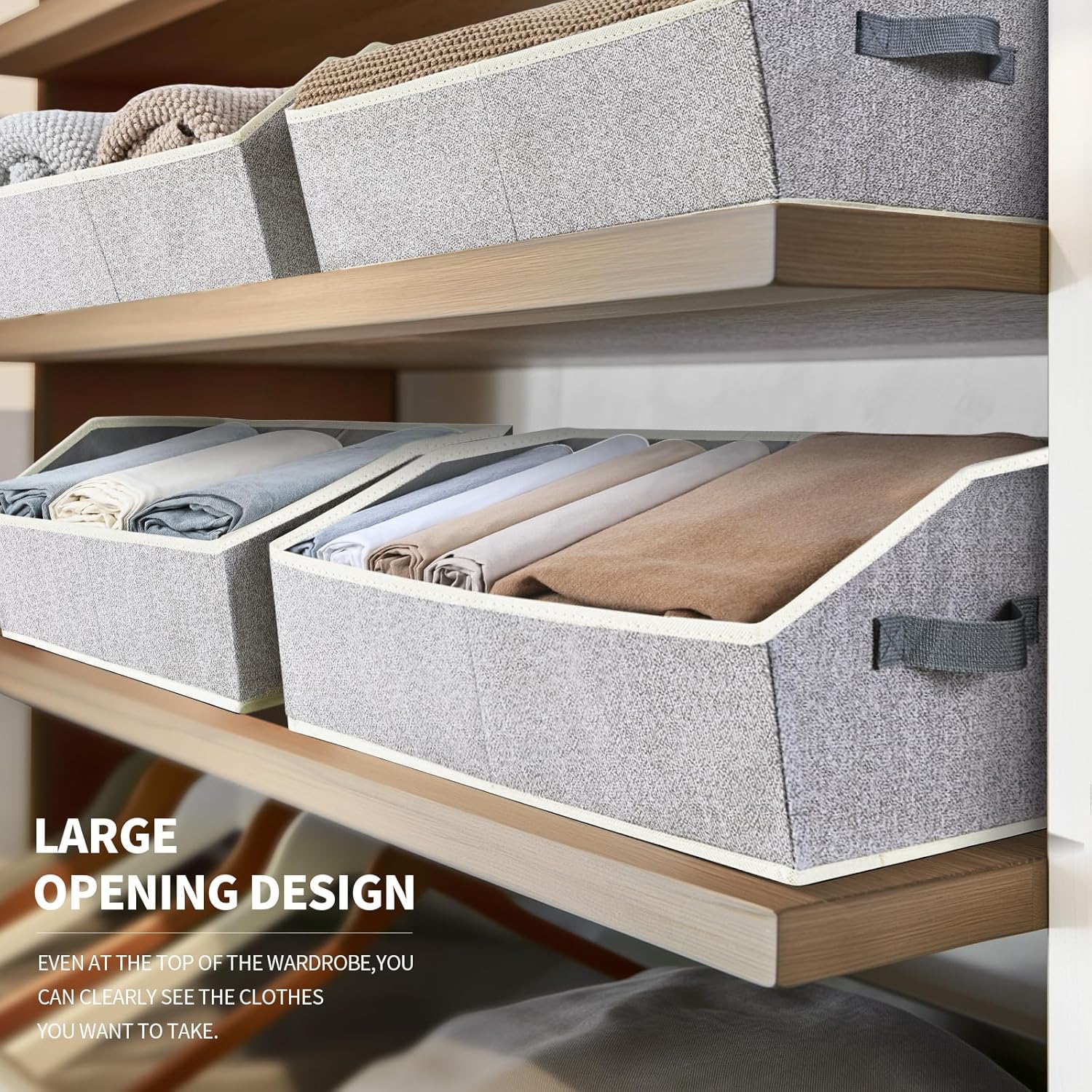 Trapezoid Closet Shelf Organizer - Large Baskets for Organizing, Fabric Storage Box for Shelves, Cube Storage Bins for Clothes, Books, Blankets, 3 Pack, Light Gray