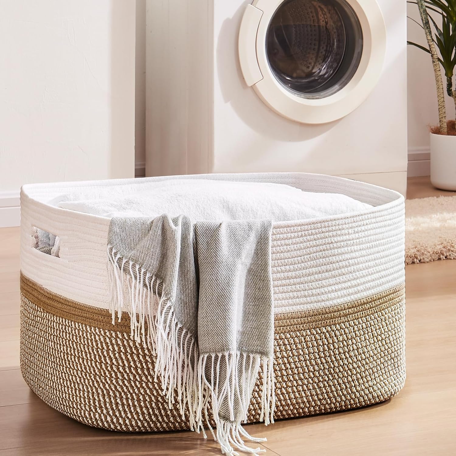 OIAHOMY Large Blanket Basket, 22”x17”x12” Rectangle Woven Baskets, Nursery Blanket Storage Living Room, Toy Storage With Handle, Large Baskets for Organizing-Yellow/White