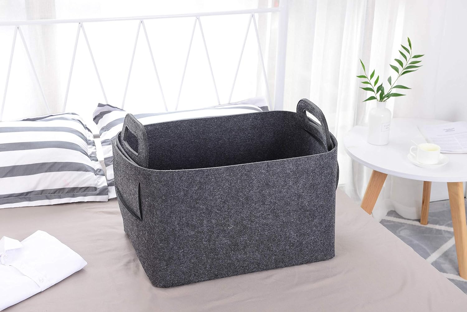 Storage Basket Felt Storage Bin Collapsible& Convenient Box Organizer with Carry Handles for Office Bedroom Closet Babies Nursery Toys Laundry (Dark grey, 17.9inch（L）×12.2inch（W）×11.6inch（H）)
