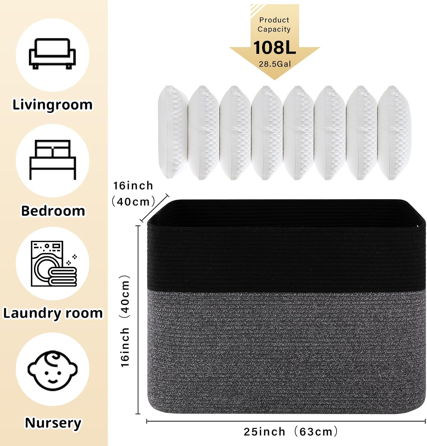 OIAHOMY 108L Extra Large Blanket Basket, 25”x16”x16” Laundry Basket, Blanket Storage for Living Room, Dog Toy Storage with Handle - Grey & Black