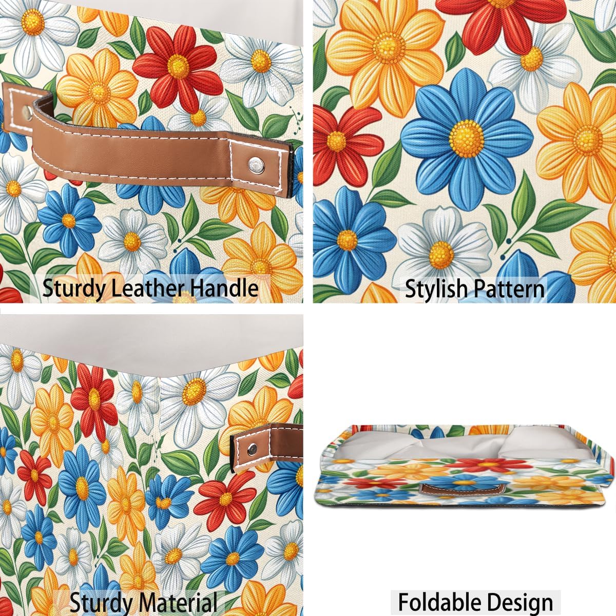 TropicalLife 13x13x13 Inch Large Fabric Storage Cube Boho Flower Foldable Storage Bin with Handles Organizer Boxes Cube Basket for Shelves Organizing Closet