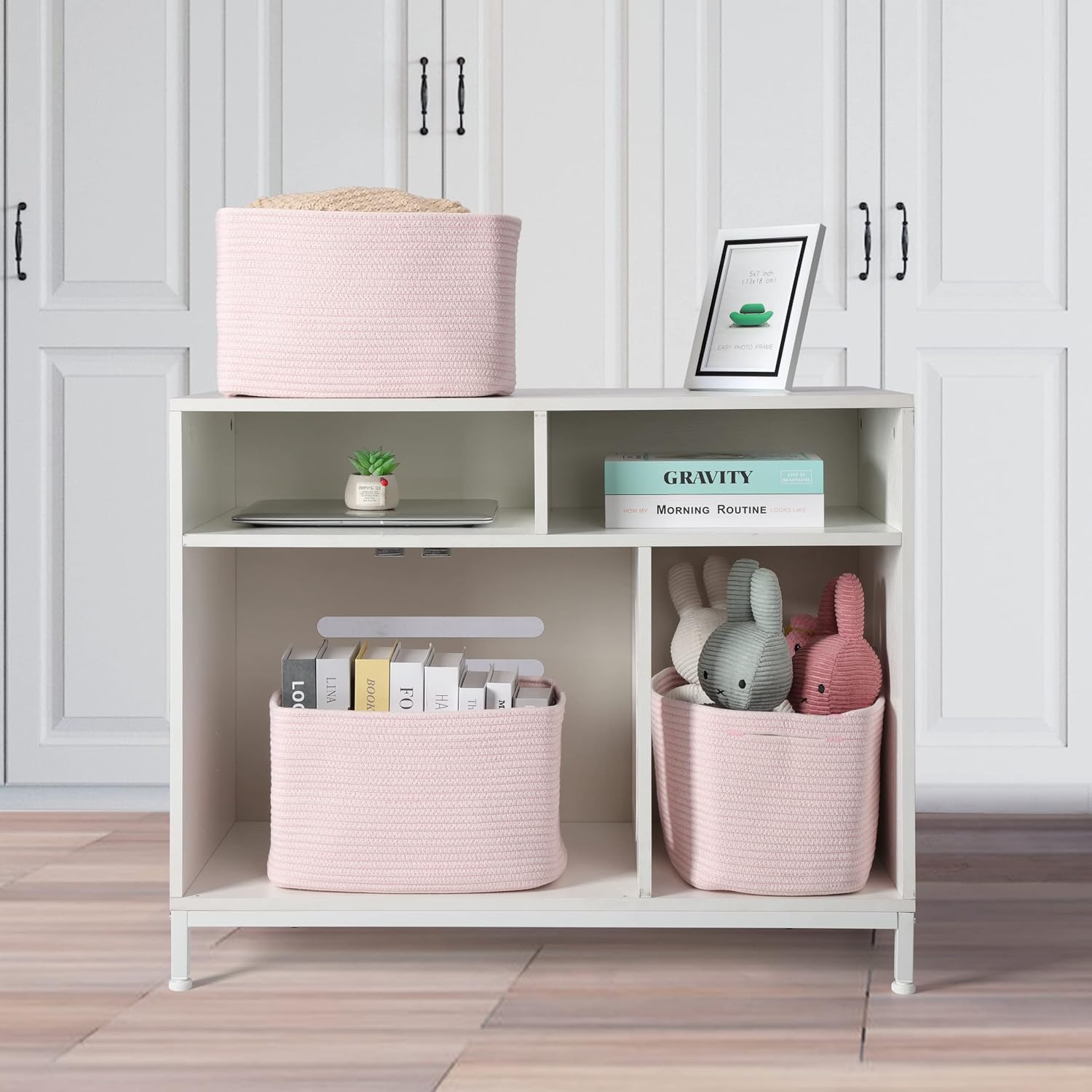 Cotton Rope storage Basket Bins Woven Basket for Organizing Shelves 15X10X9.3" Rectangle Decorative Baskets For storage Clothes Toys Books Towels Nursery basket organizer 3 pack light pink