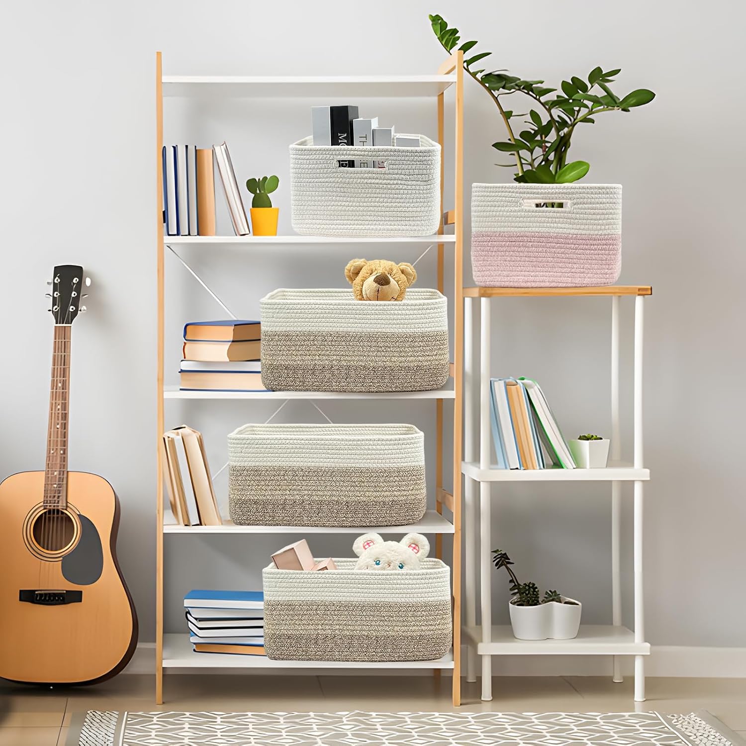 COMFY-HOMI 3 pcs Large Storage Baskets for Shelves, Laundry Basket, Woven Rope Basket, Closet Organizer Bins for Clothes Blanket Towels, Baby Nursery, Gift Toy Baskets, 17” x 13” x 7.5”-White/3 Brown