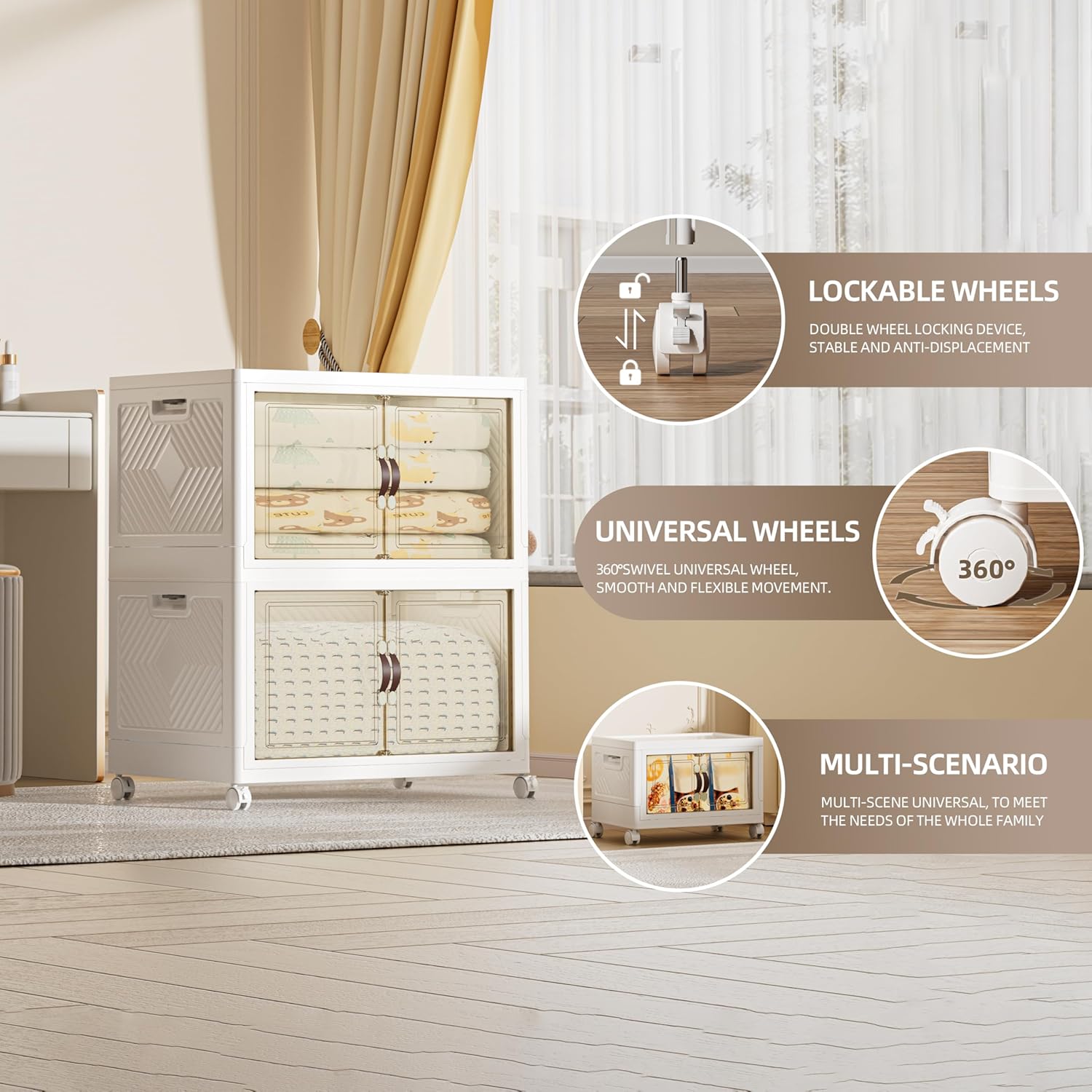 208 QT / 52 Gal Large Foldable Stackable Plastic Storage Cabinet with Double Magnetic Doors, Leather Handles & 4 Wheels - Organize Home, Office, Closet