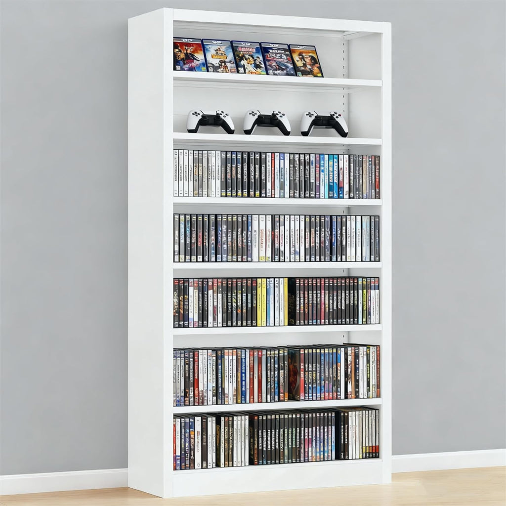 7 Tier DVD Storage Cabinets, Metal CD Storage Rack with Adjustable Shelves, Comic Book Storage Shelf, DVD Case Media Cabinet for Living Room, Media Room, & Home Theater (White)