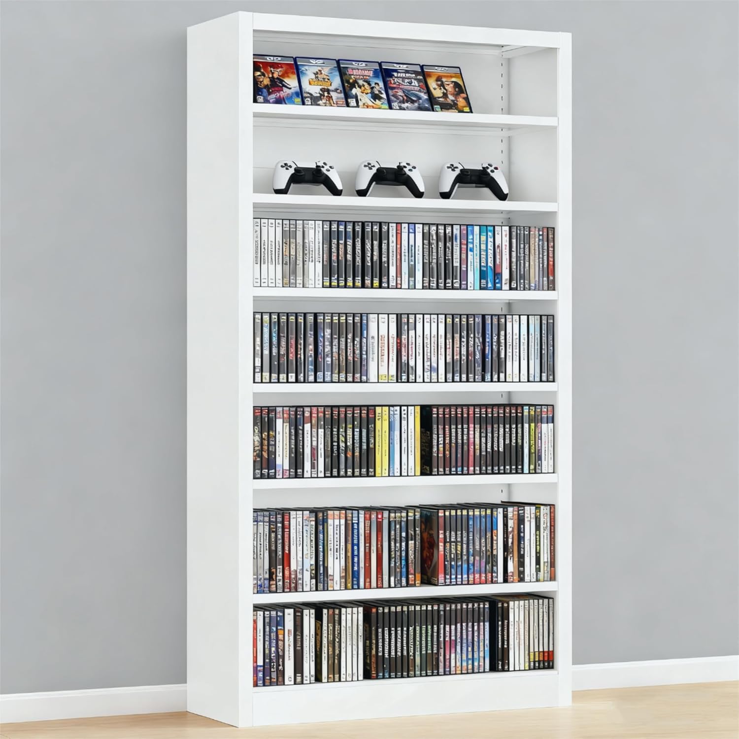 7 Tier DVD Storage Cabinets, Metal CD Storage Rack with Adjustable Shelves, Comic Book Storage Shelf, DVD Case Media Cabinet for Living Room, Media Room, & Home Theater (White)