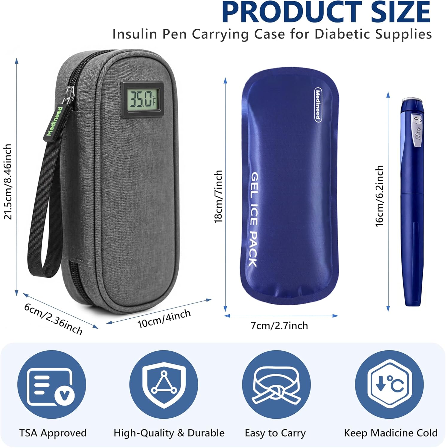 Insulin Cooler Travel Case TSA Approved with Temperature Display – Diabetic Medication Travel Case with 2 × 90g Ice Packs, Portable Medicine Organizer for 3–4 Insulin Pens and Diabetic Supplies(Grey)