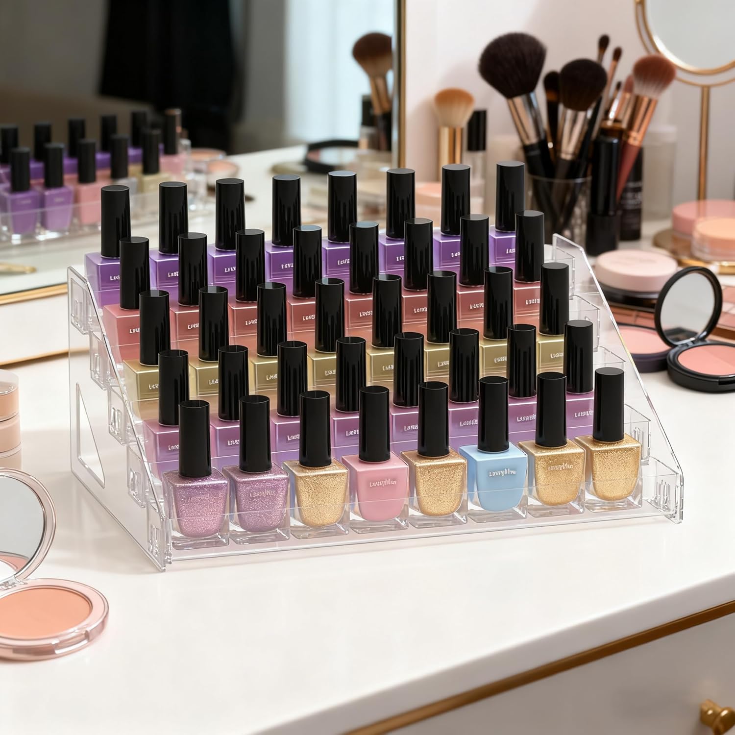 5 Tier Nail Polish Organizer Holder | Multi-Purpose Storage Rack for Eyeshadow Palettes, Sunglasses, Eyeglasses & Essential Oils - Clear Acrylic Vanity Countertop Display Stand Holds 50+ Bottles