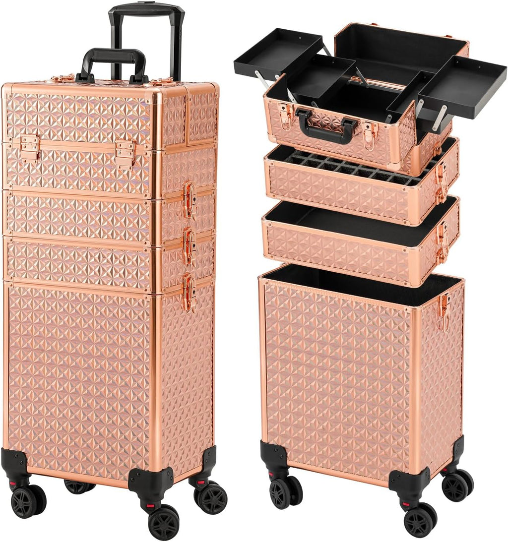 Leeora&Leekoo Portable Multi-Storey Nail Case for Nail Tech Organizer - Wheels Makeup Case Organizer, Cosmetic Case, Makeup Train Case, Make Up Case (rose gold)