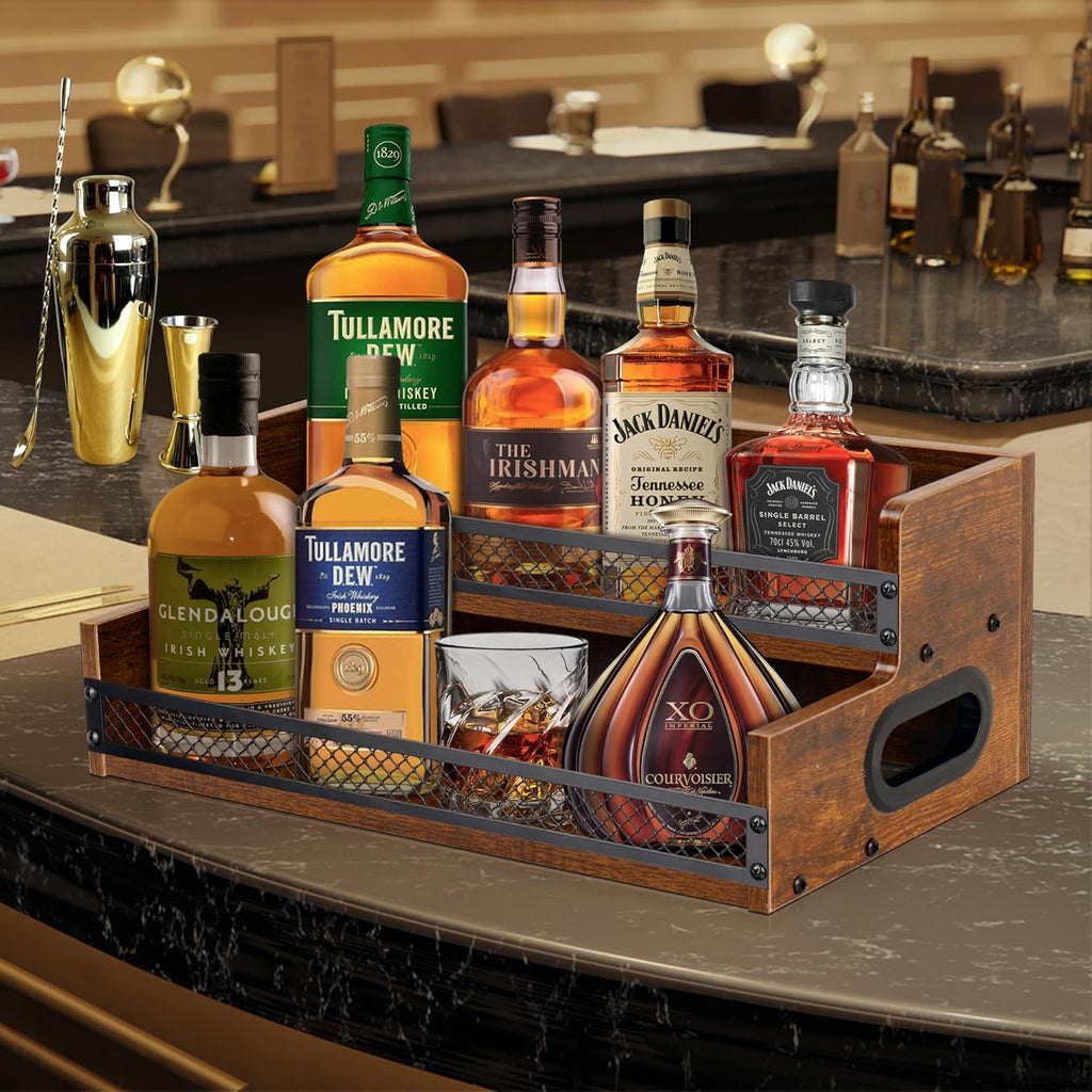 Liquor Bottle Display Shelf, Coffee Syrup Rack Organizer, 2 Step Countertop Liquor Wine Rack, 10 Bottles Coffee Station Organizer with Fences & Handles, Home Retro Bar Shelf Stand for Liquor Whiskey