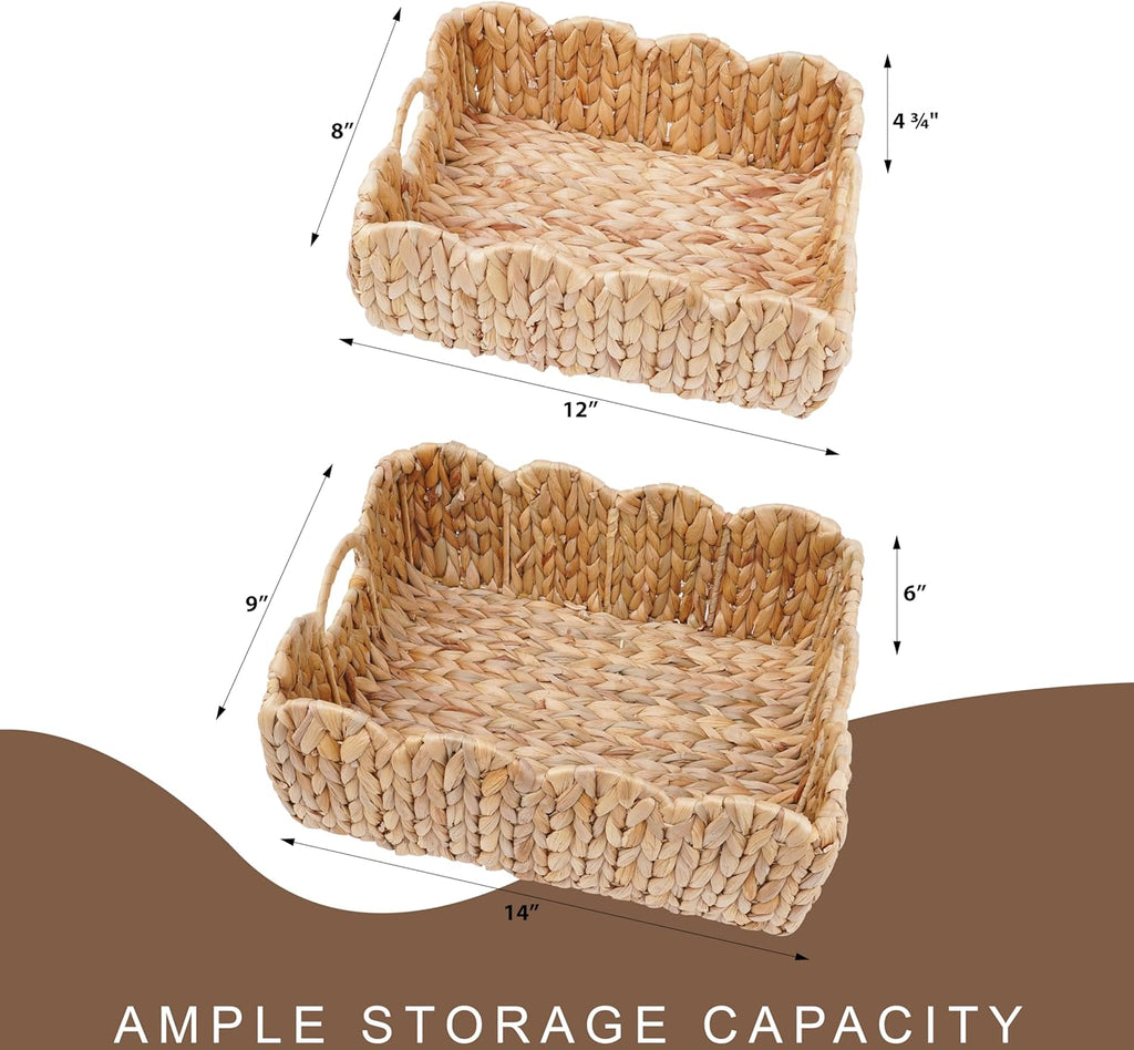 Set of 2 Scalloped Edge Wicker Storage Basket with Built-in Handles, Rectangle Water Hyacinth Basket for Organizing, Decorative Woven Rattan Basket for Shelf, Nursery Room