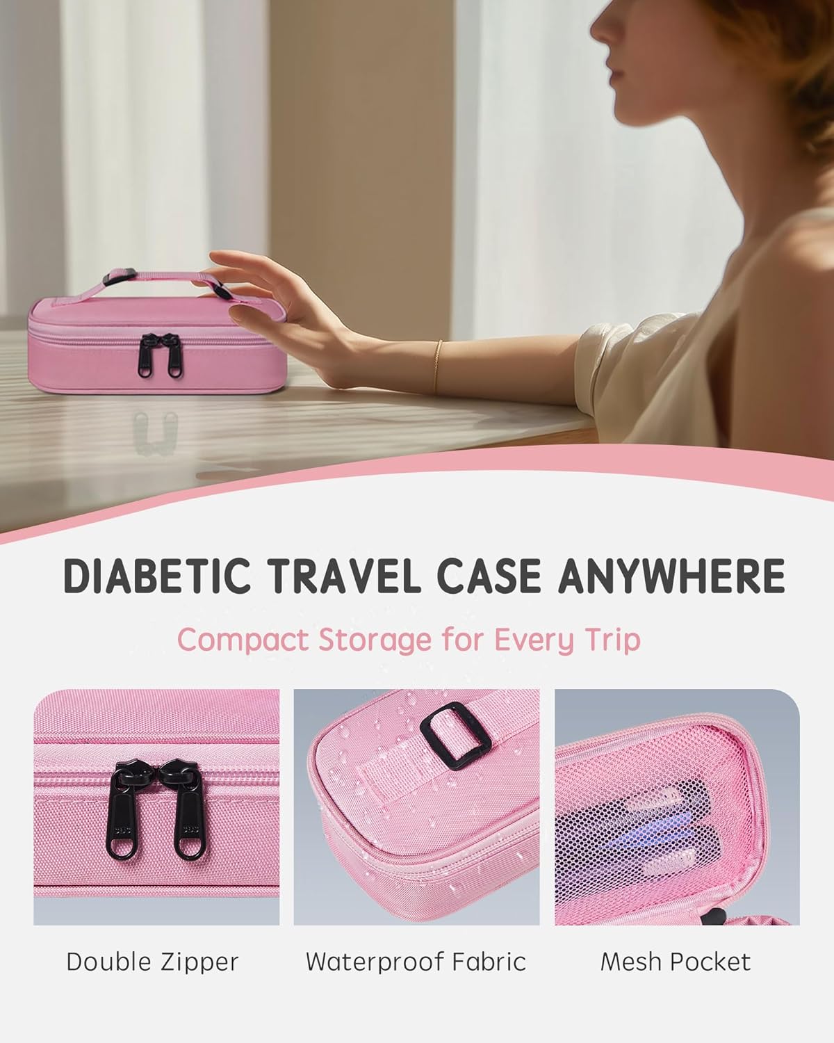 Insulin Vial Cooler Travel Case TSA Approved 300g Reusable Ice Brick Insulin Pen Case Holds 2 Pens and 2 Vials Long Lasting Medicine Cooler for Travel Camping and Outdoor Activities (Pink)