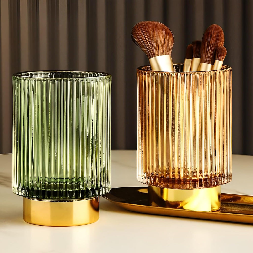 Makeup Brush Holder Organizer, Heavy Crystal Glass Brush Storage Holder, Vintage Cosmetic Make Up Bathroom Brushes Cup Pen Pencil Toothbrush Holder Striped Vase (Large (amber))