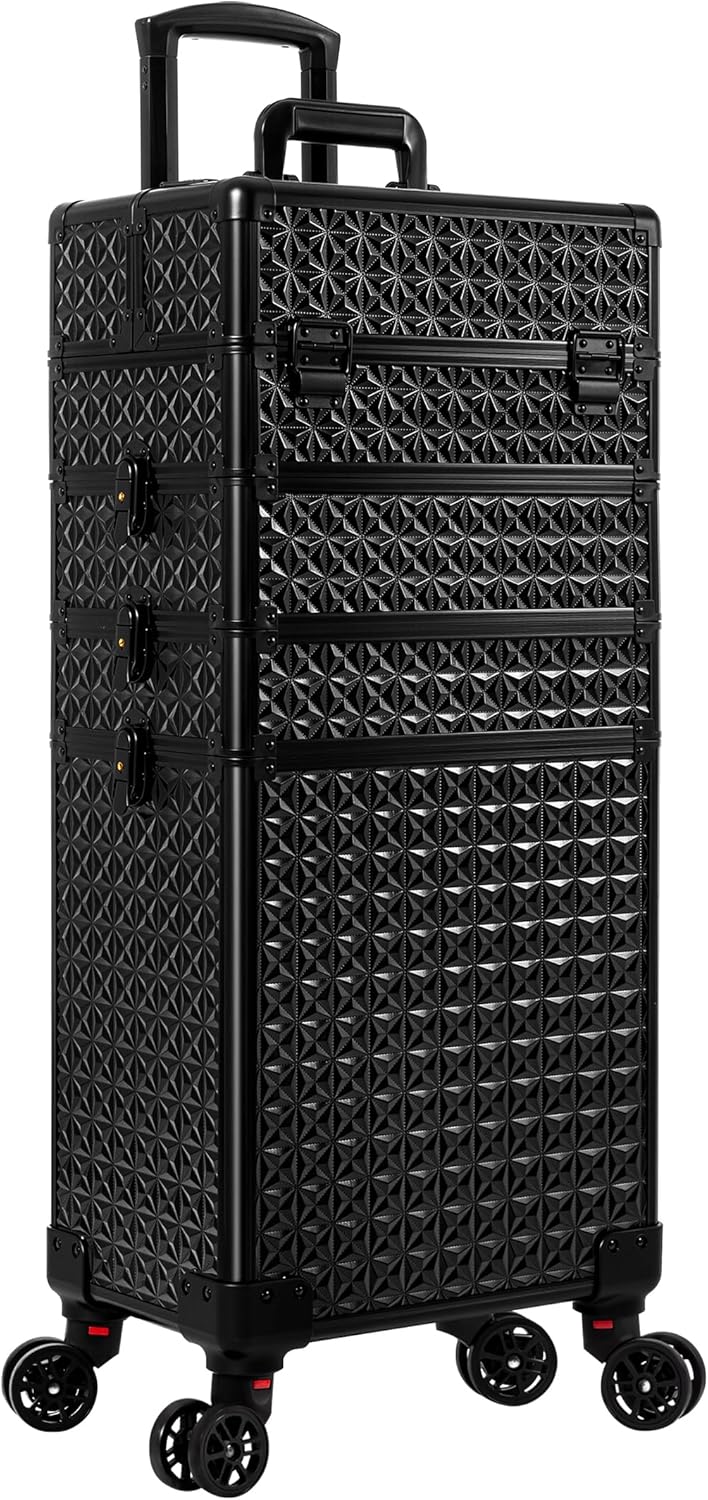 AROUS 5 in 1 Rolling Makeup Train Case Cosmetology Case on Wheels Large Cosmetic Organizer Travel Cart for Hairstylist Artist Nail Beauty Salon Barber,Black