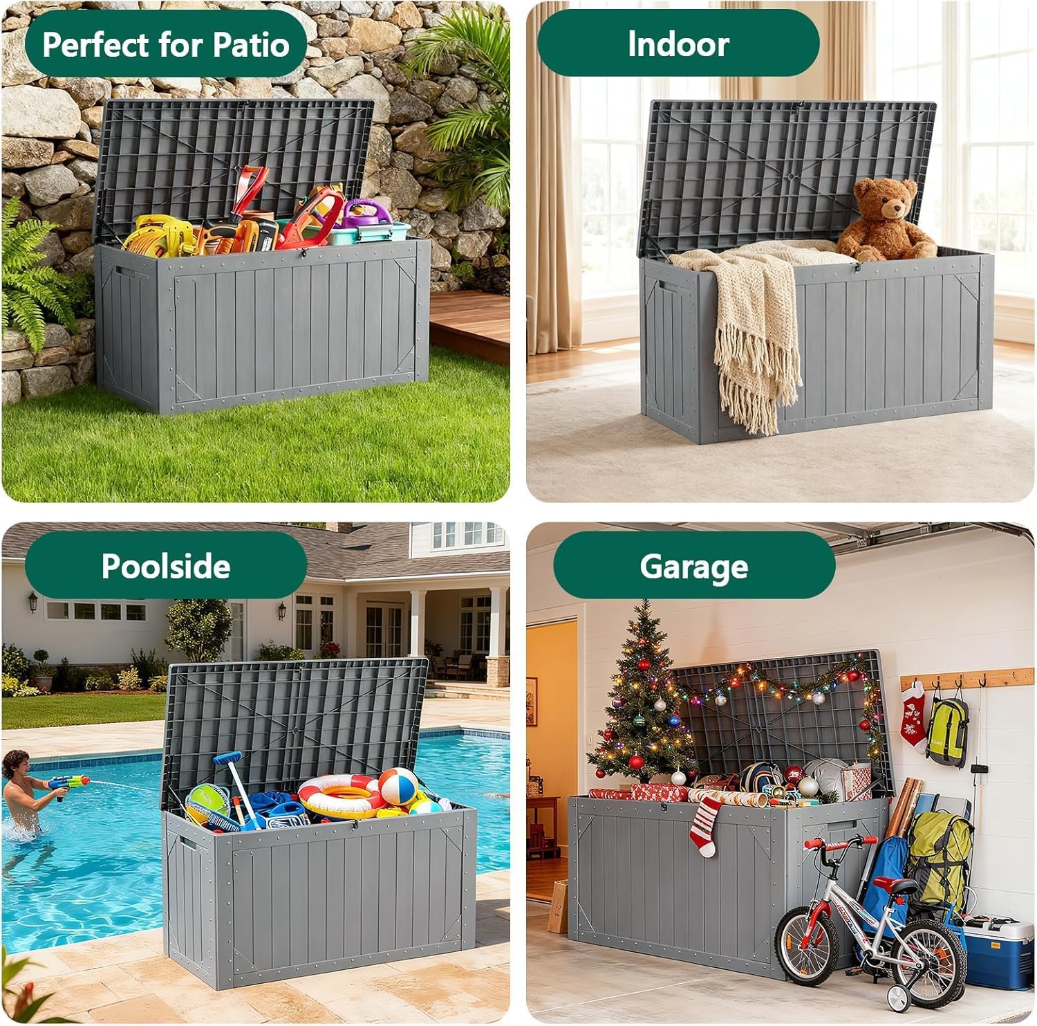 100 Gallon Outdoor Storage Box, Weatherproof Deck Box for Patio Cushions, Throw Pillows, Garden Tools, Lockable Resin Large Outdoor Storage Bench for Yard, Porch, or Balcony
