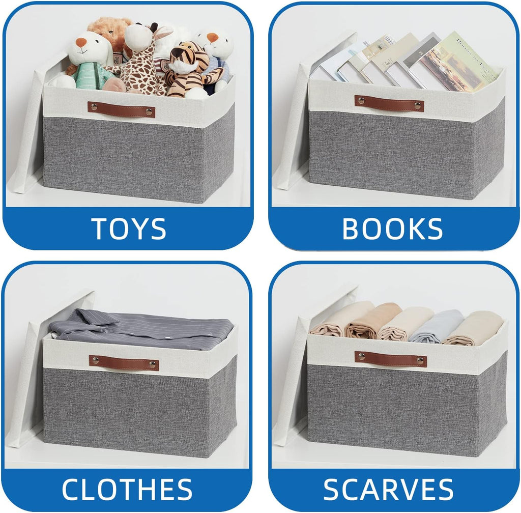 Temary Collapsible Storage Bins Storage Boxes with lid, 2 Pack Storage Baskets with Lid Organizing Clothes, Decorative Organizer Bins with Handles (White&Gray, 15x11x9.5inch)