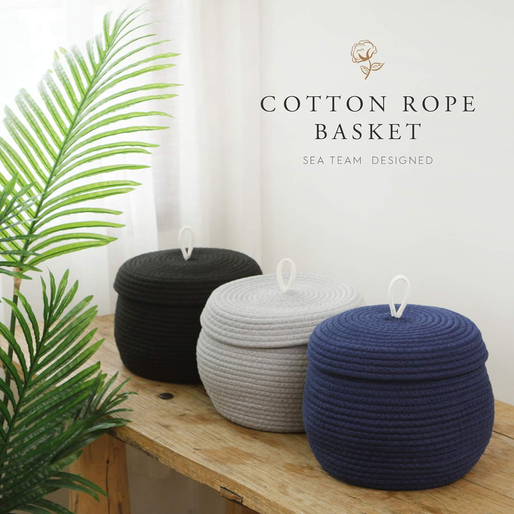 Sea Team Round Cotton Rope Storage Basket with Lid, Decorative Woven Storage Bin, Pot, Caddy, Organizer, Container for Snacks, Towels, Plants, 10 x 7.5 Inches (Small, Dark Blue)