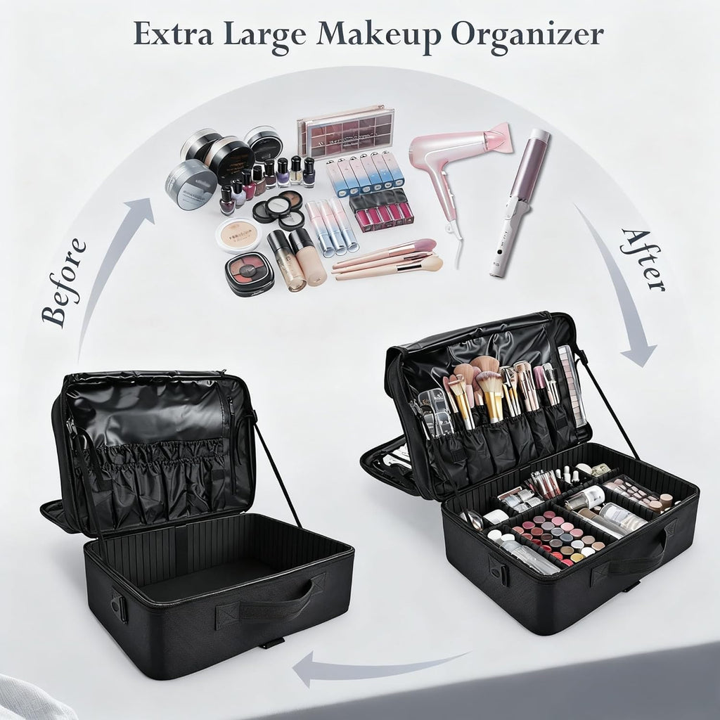 Adazzo Large Makeup Bag, 3 Layers 17” Makeup Case Organizer with Mirror Professional Cosmetic Storage Backpack Box Travel Artist Carrying Vanity Bags with Brush Slot/Shoulder Strap/Attach to Suitcase