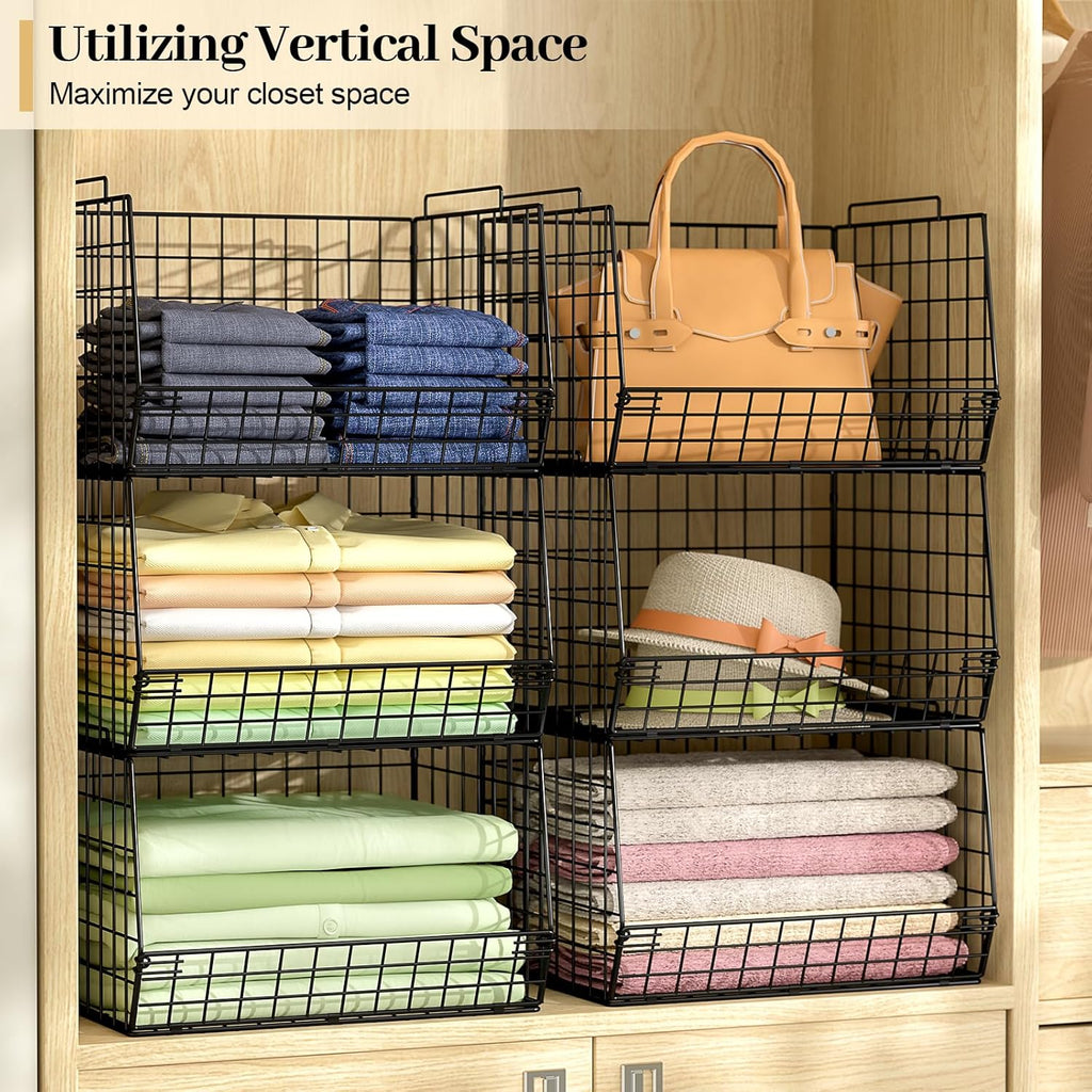 4-Tier Stackable Closet Organizers and Storage Shelves, Foldable Closet Shelf Organizer System, Space-Saving Clothes Storage Drawer Organizer Basket Bins, Black