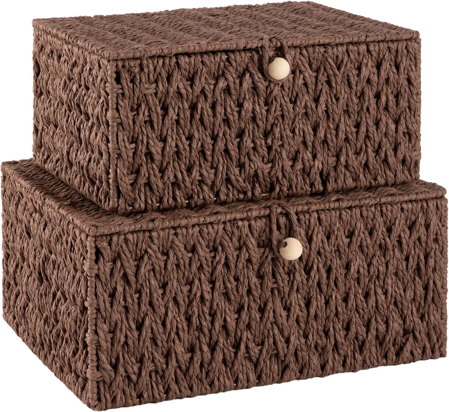 OIAHOMY Wicker Storage Basket with Lid & Lock, Lidded Storage Bins, Decorative Baskets for Organizing, Set of 2-Brown