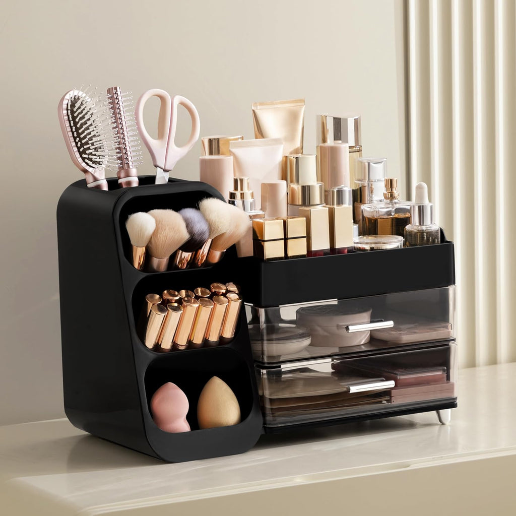 HBlife Makeup Organizer with Brush Holder for Vanity, Large Plastic Bathroom Countertop Organizer Cologne Organizer for Men, Easy to Store Lipsticks, Nail Polishes, Perfumes, Eyeshadow Palettes, Black
