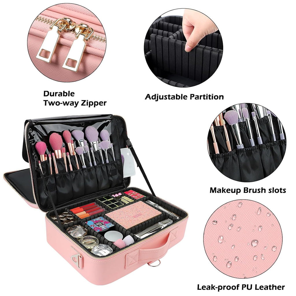 gzcz Large Capacity Travel Makeup Case Organizer,Professional Cosmetic Bags for Women,Waterproof PU Leather Makeup Bag with Adjustable Dividers and Shoulder Strap for Brushes and Jewelry