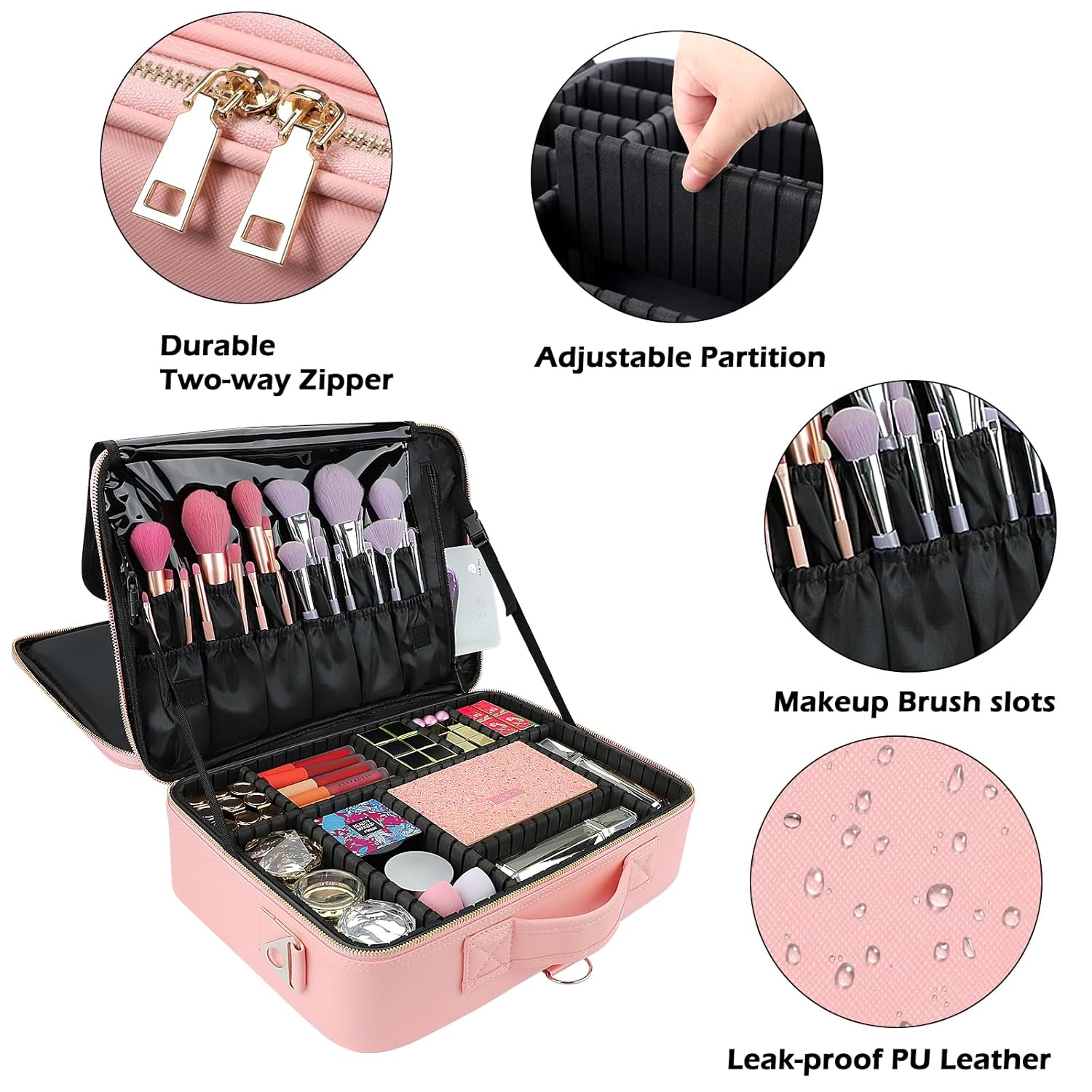 gzcz Large Capacity Travel Makeup Case Organizer,Professional Cosmetic Bags for Women,Waterproof PU Leather Makeup Bag with Adjustable Dividers and Shoulder Strap for Brushes and Jewelry