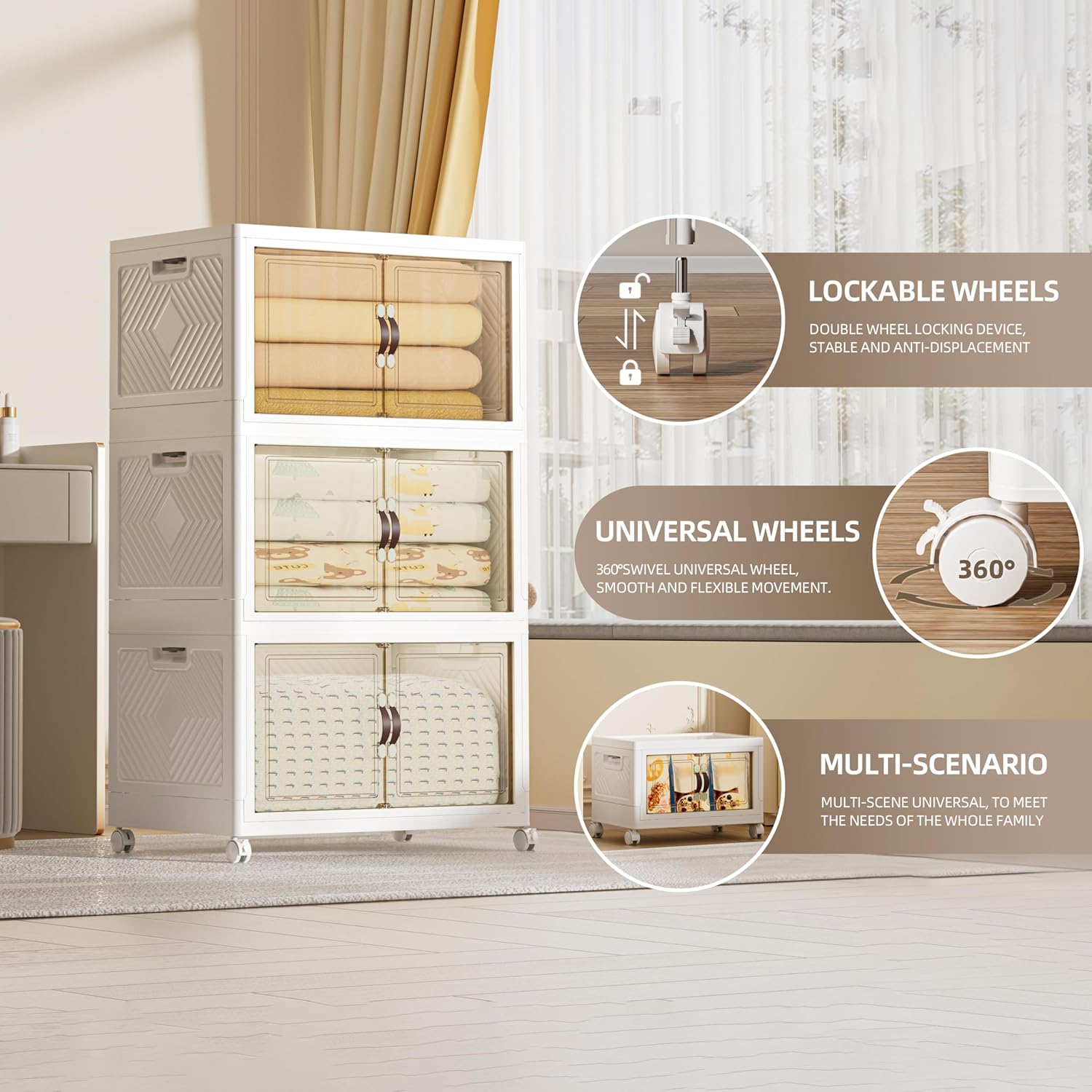 312 QT / 78 Gal Large Foldable Stackable Plastic Storage Cabinet with Double Magnetic Doors, Leather Handles & 4 Wheels - Organize Home, Office, Closet