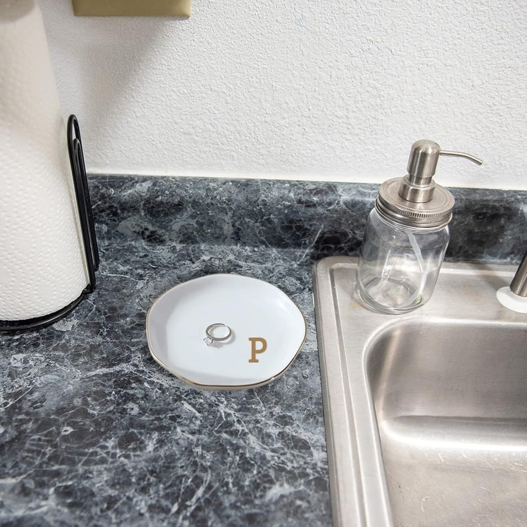 Initials Ring Dish Jewery Tray with Personalized P-Monogrammed Gifts Wedding Engagement for Women Friends Sister,Ceramic White