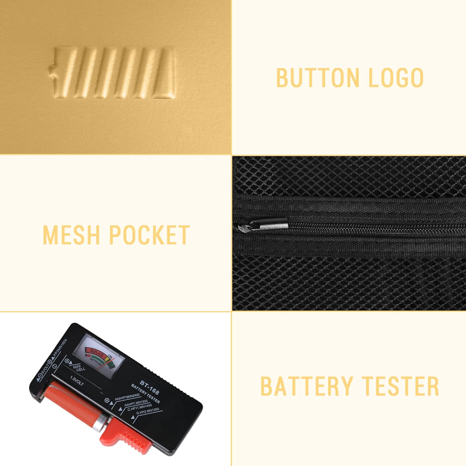 Battery Organizer Storage Case with Tester for AA AAA Button Battery Holder Carrying 3 Batteries Variety Pack 88 Batteries Zipper Mesh Bag (Batteries Not Included) (gold)