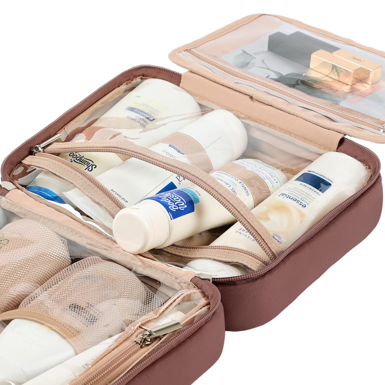 NISHEL Travel Toiletry Bag for Women, Makeup Essentials Organizer, Hanging Case for Accessories, Cosmetics, Medium Size, Rosewood-Pink