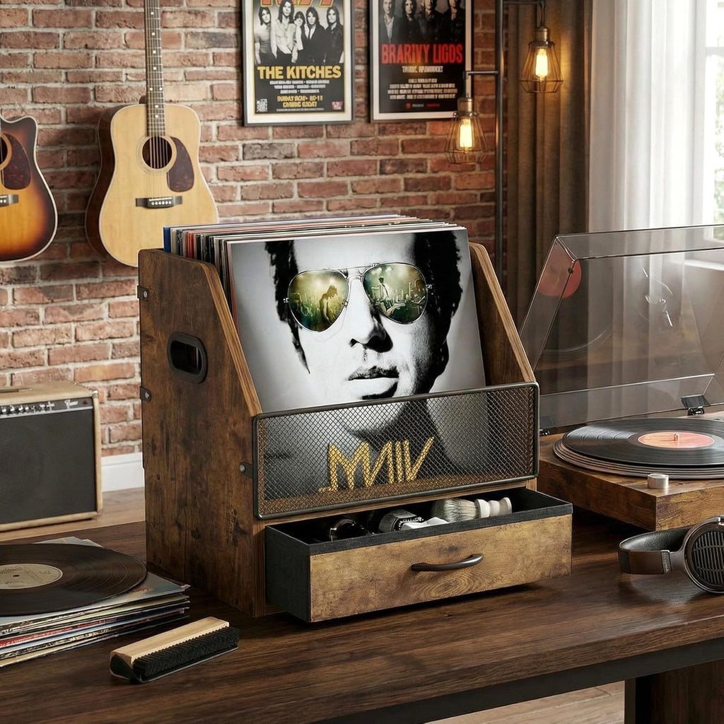 Vinyl Record Storage Crate with Fabric Drawer, Wooden LP Album Storage Holder for 12" Vinyls, All-in-One Organizer Holds 60 LPs