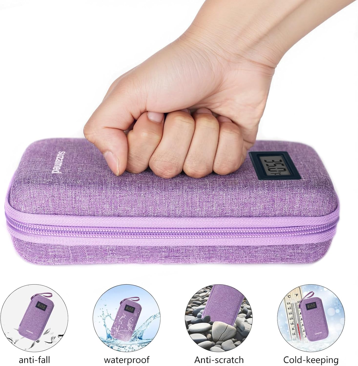 Insulin Cooler Travel Case,EVA Insulation Travel Medicine Kit with Temperature Display for Diabetes Care,Insulin Pen and Other Diabetic Supplies (Purple-Temp)