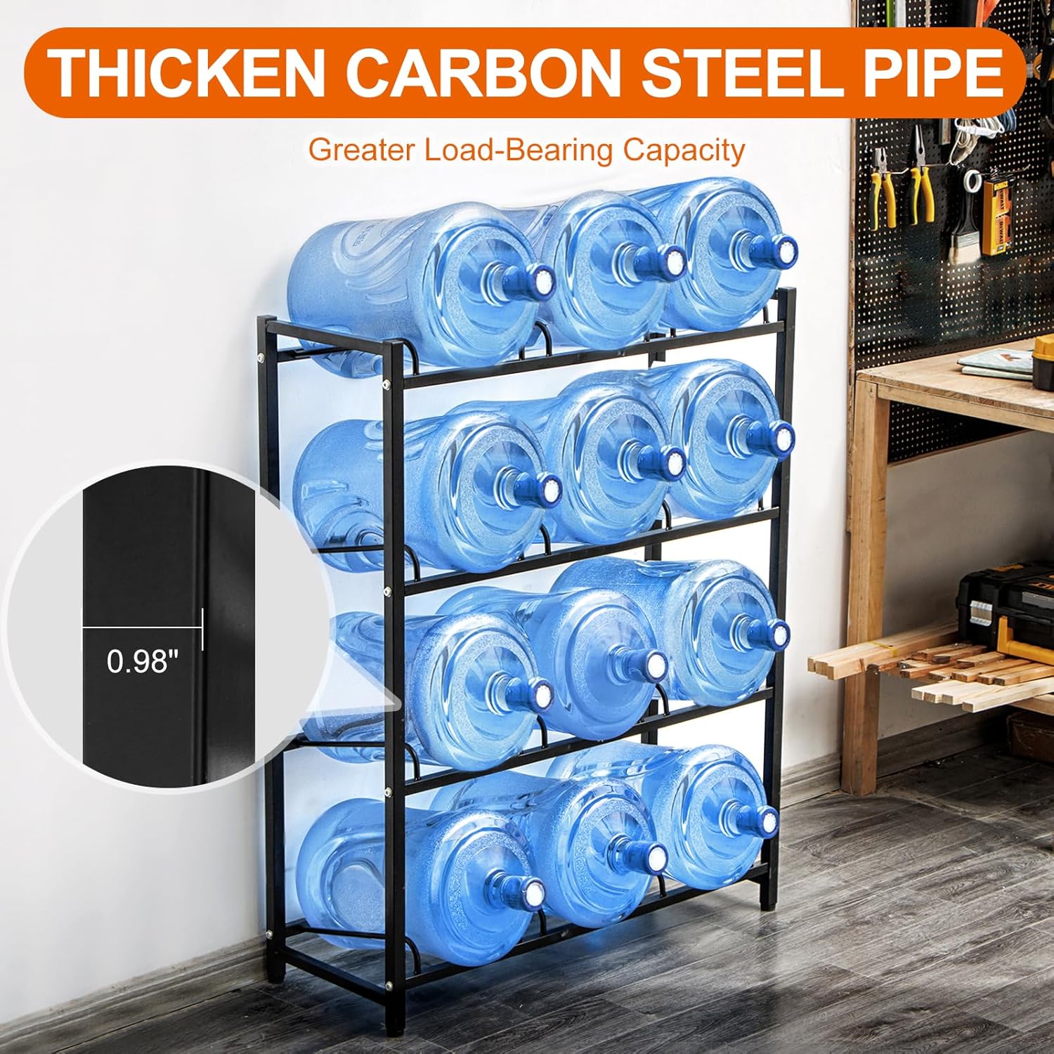 5 Gallon Water Dispenser Jug Holder Heavy Duty Water Cooler Jug Rack and 4 Tier Water Storage Rack with 12 Slots for Gallon Jugs (Black)