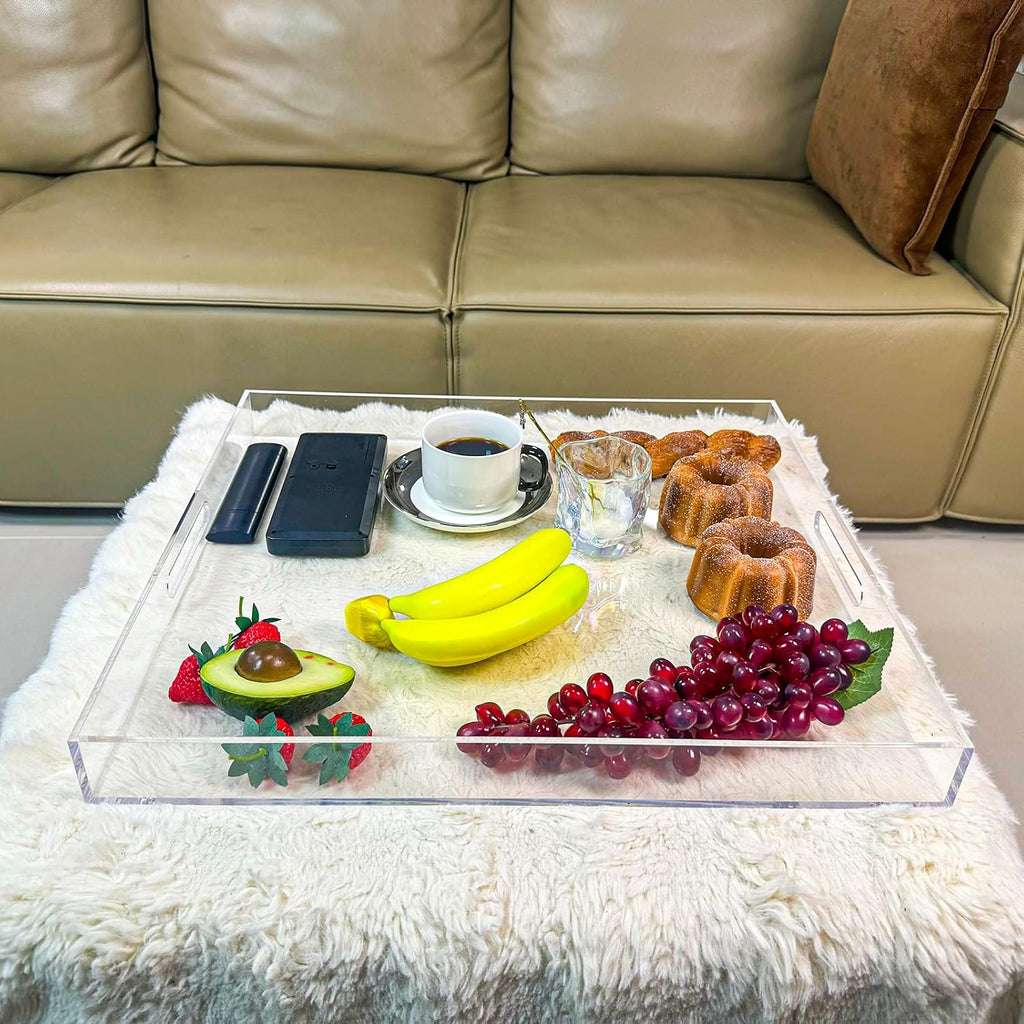 Clear Rectangular 18x20 Inches Acrylic Ottoman Tray Decorative Serving Tray with Cutout Handles Organizer Tray on Coffee Table Countertop Big Breakfast Bed Tray Living Room Appetizer Serving Food