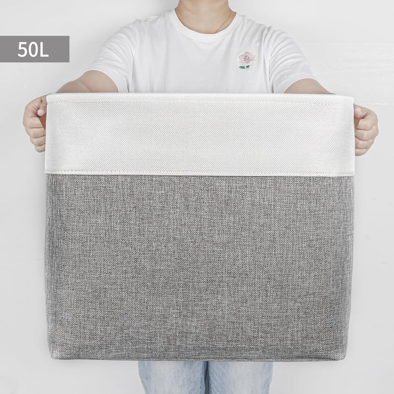 Large Fabric Storage Baskets | 50L Storage Bins, Decorative Linen Closet Baskets with Handles for Organizing, Shelf, Toys, Clothes, Home, Office, Nursery, 17x12x15Inches (Grey&White)