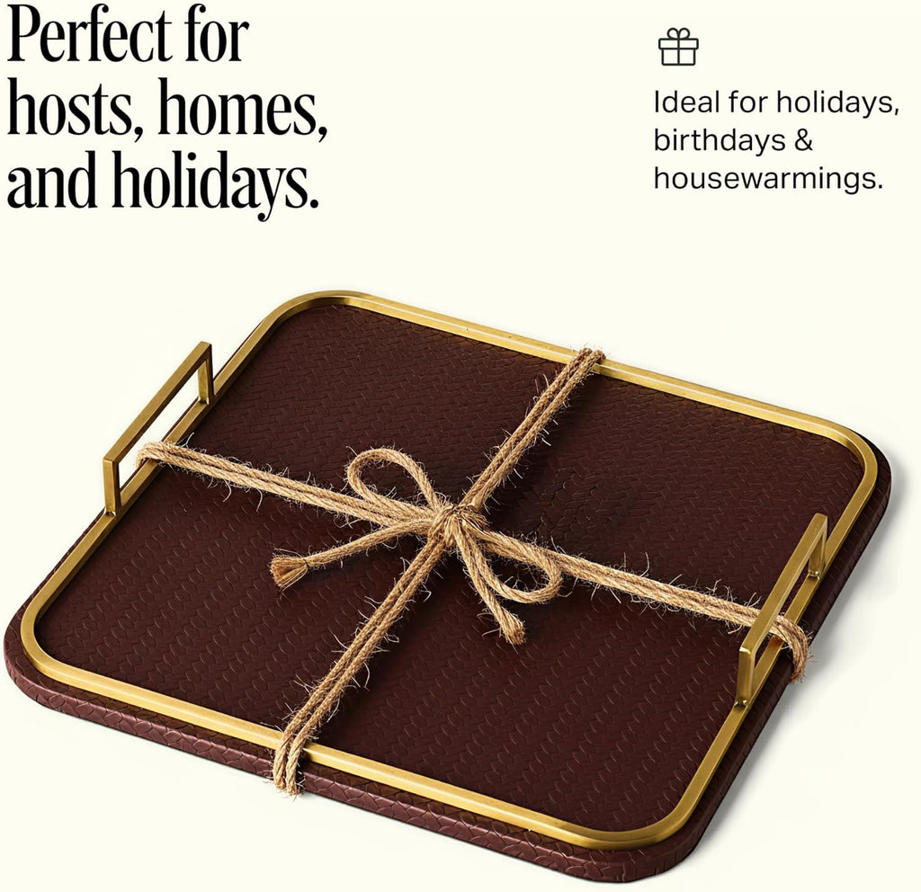 Preston Lane Mayfair Decorative Tray – Vegan Leather with Woven Texture, Brushed Brass Handles – Serving, Dresser & Coffee Table Tray, Espresso