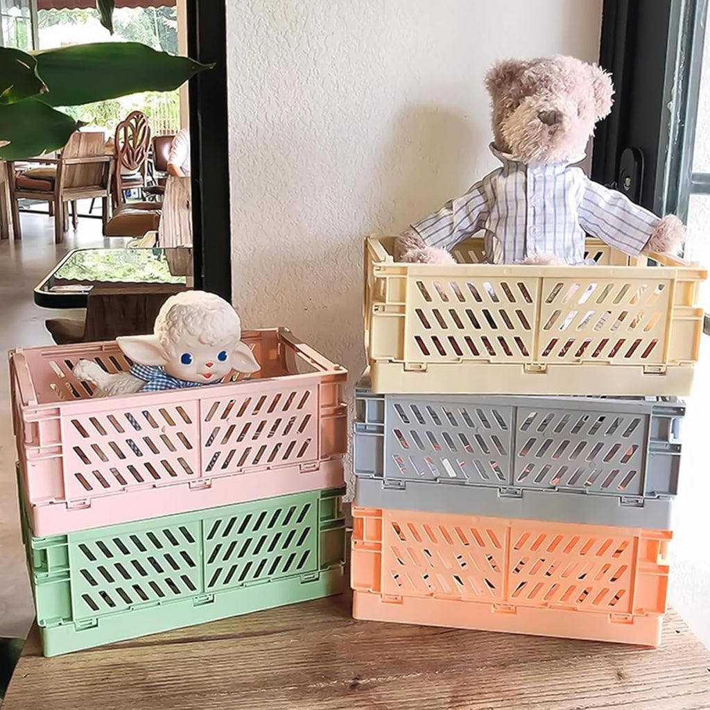 Small Pastel Plastic Storage Bins 2Pcs Foldable Pastel Crates Plastic Basket Colorful Storage Containers Baskets for Classroom Kitchen Office Bedroom Desktop Home Decor (Blue 9.8" x 6.5" x 3.8")
